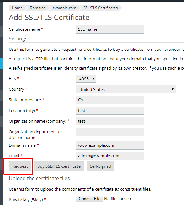 request ssl plesk